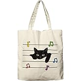 Dlzdn Black Cat Tote Bag Aesthetic Cat Music Reusable Shopping Grocery Bag Beach Bag Birthday Christmas Gifts for Women