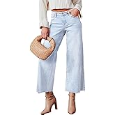 Allimy Women's High Waisted Straight Ankle Wide Leg Ripped Jeans Frayed Hem Stretchy Capri Denim Pants
