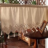 Rustic Boho Curtain Valance with Crochet Lace for Kitchen Farmhouse Cotton Linen Curtains for Home Decor Doorway Rod Pocket T