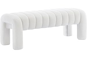 Scingu 43.3" Bedroom Bench, Upholstered Entryway Bench, Modern End of Bed Ottoman with Solid Wood Legs and Adjustable Foot Pegs for Entryway, Dining Room and Living Room (White Teddy)
