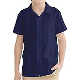 OEBLD Boys Cuban Guayabera Shirt Short Sleeve Button Down Shirts V Neck Cotton Linen Shirts