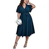 SCOMCHIC Womens Plus Size Wedding Guest Cocktail Midi Dress Summer Short Sleeve Wrap V Neck Belted A-Line Flowy Dress