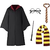 Unisex Wizard Robe, Cosplay Halloween Costume Set with Wand, Glasses, Scarf and Tie, for Women and Men, Adult and Teens