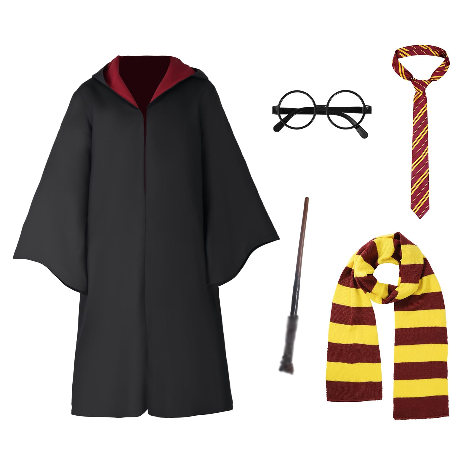 Photo 1 of *** NO WIZARD ROBE *** Unisex Wizard Robe, Cosplay Halloween Costume Set with Wand, Glasses, Scarf and Tie, for Women and Men, Adult and Teens (Black Red, XL)