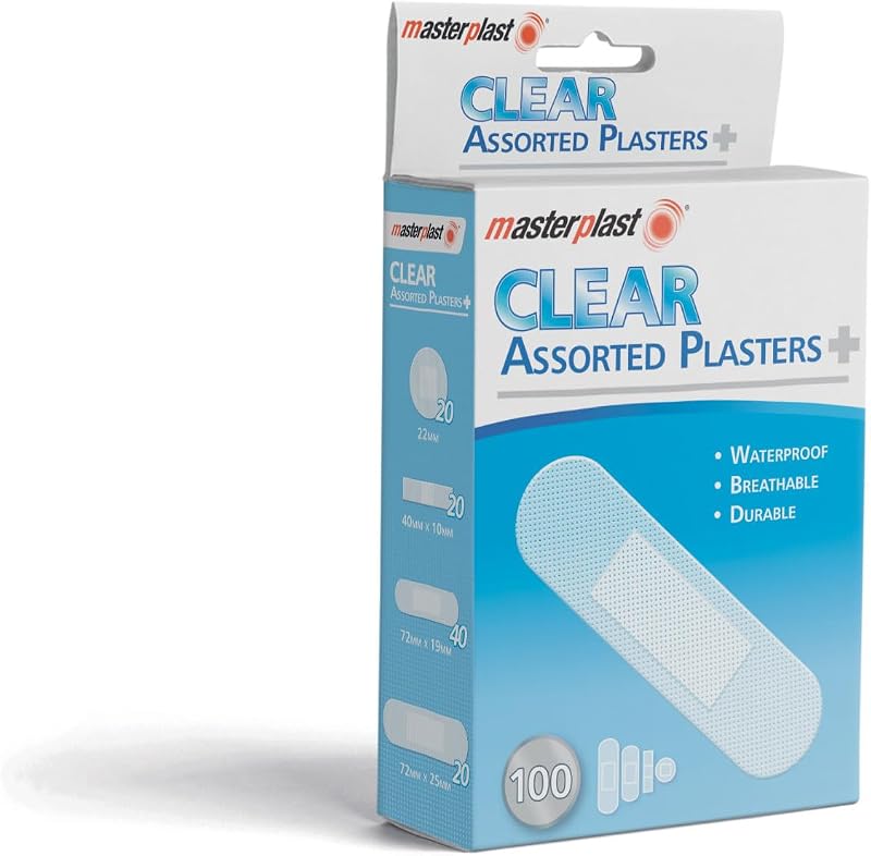 Masterplast Clear Assorted Plasters 100 Pack Waterproof Breathable 4 Sizes