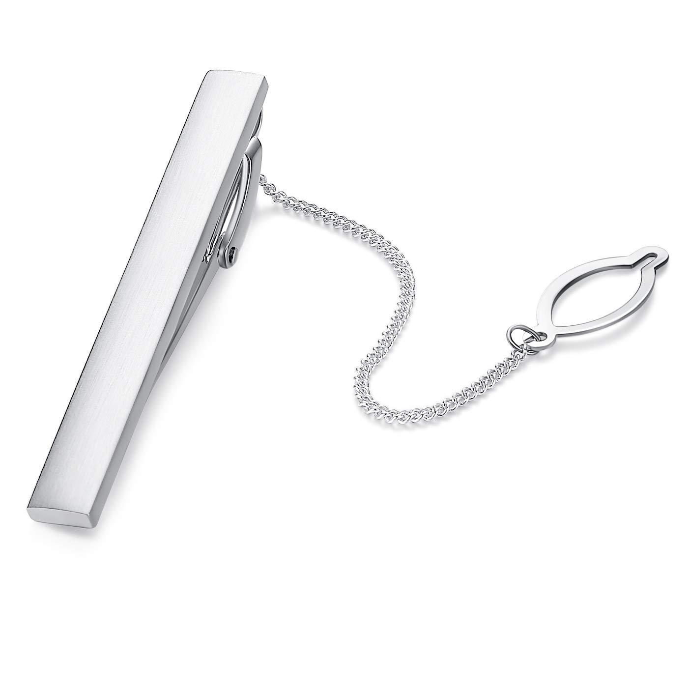 HONEY BEAR Mens Tie Clip Bar with Chain - Normal Size Stainless Steel for Business Wedding Gift,5.4cm (Brushed Silver)