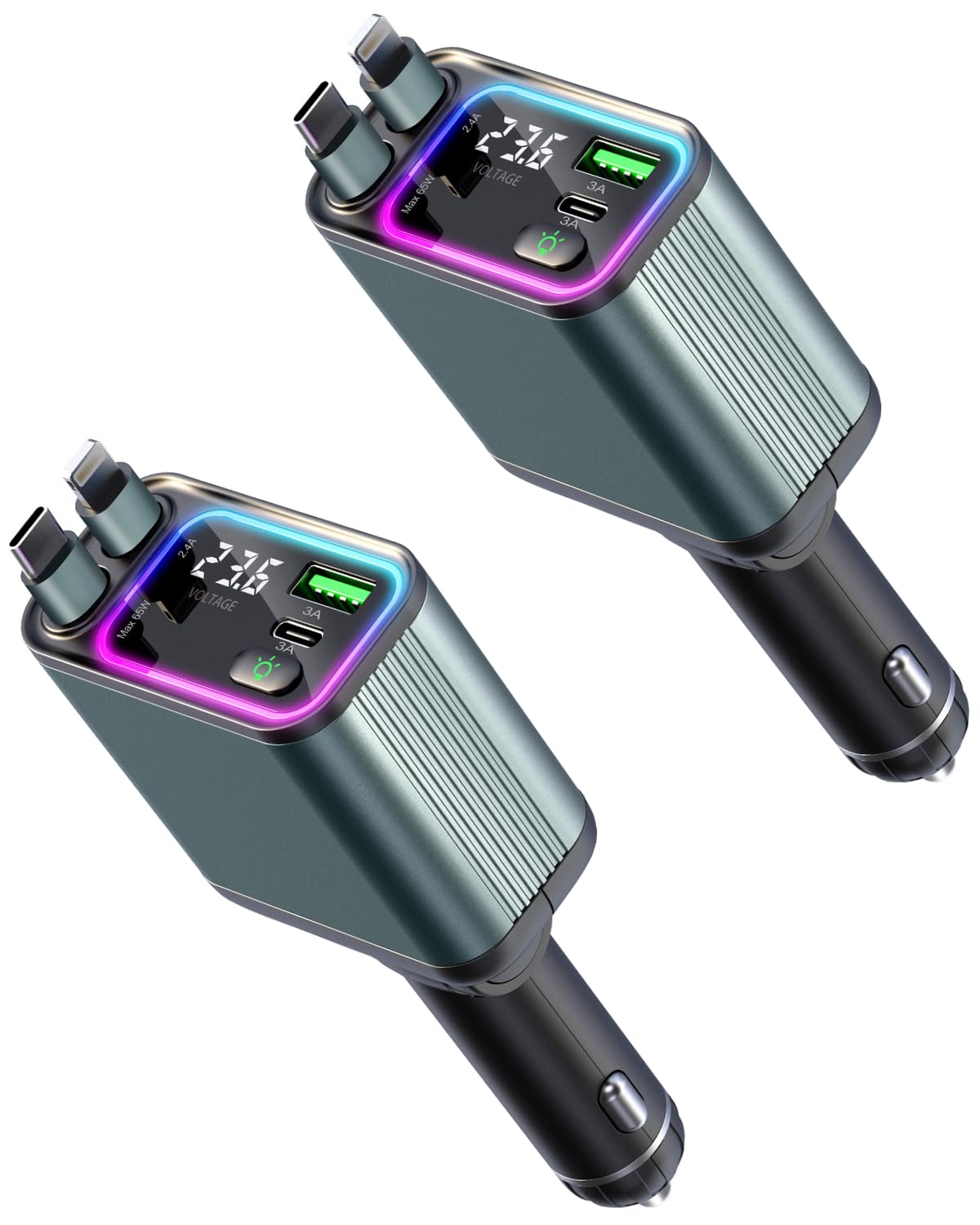 Photo 1 of [2 Pack] 4 in 1 Retractable Car Charger with RGB Light, 92W Fast Charging USB C Car Adapter, Compact Car Phone Charger for iPhone/Galaxy/Pixel, Car Accessories for Women Men (Lightning + Type C Cable)