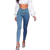 AIMILIA Crossover Jeggings for Women Tummy Control High Waist Pull On Stretchy Jeans Denim Leggings with Pockets Slimming