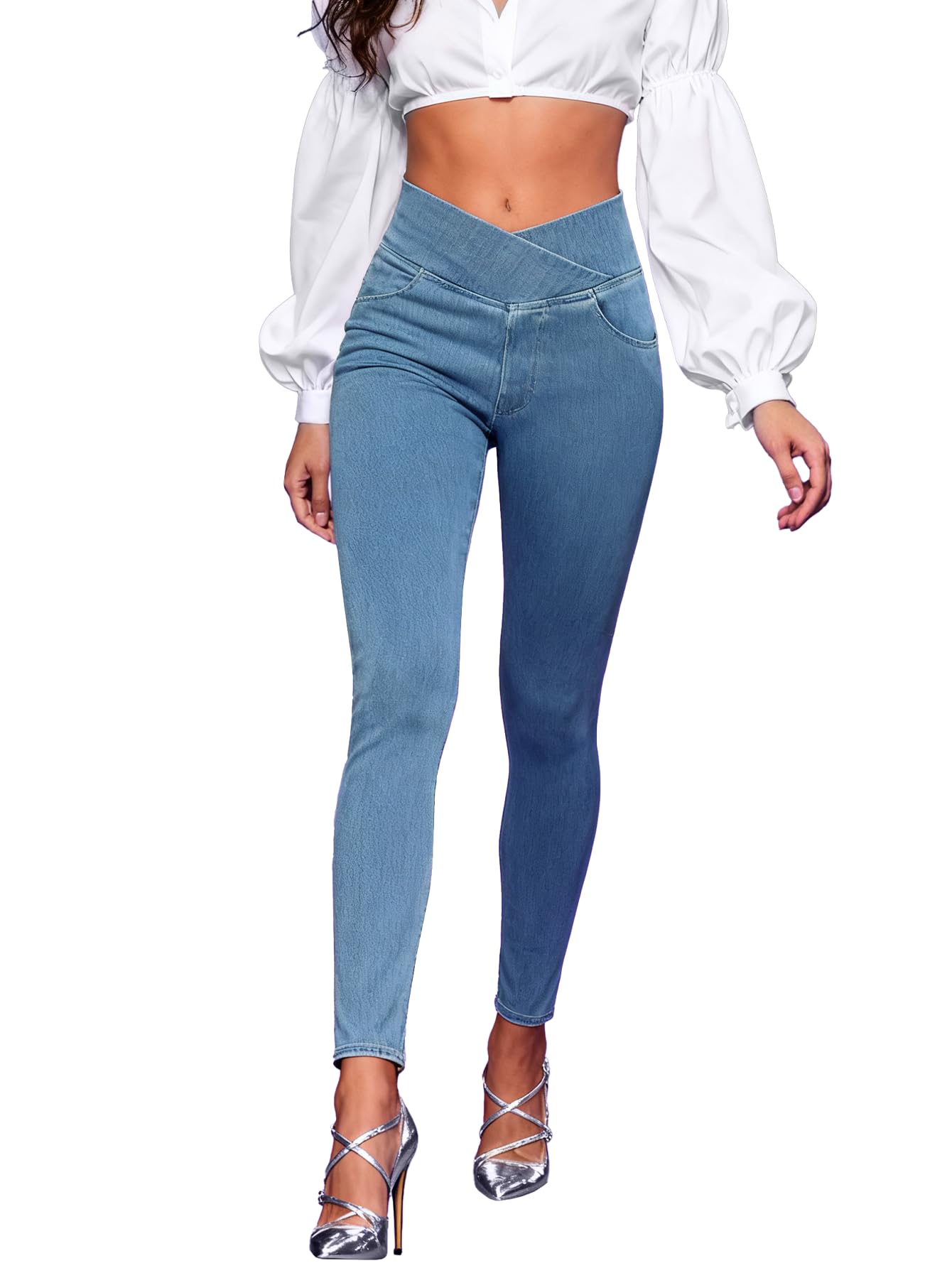 Photo 1 of AIMILIA Crossover Jeggings for Women Tummy Control High Waist Pull On Stretchy Jeans Denim Leggings with Pockets Slimming Light Blue