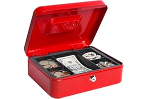 Cash Box with Money Tray and Lock, Lovndi Metal money Box for Cash, Lockbox 9.84 x 7.87 x 3.54 Inches, Red