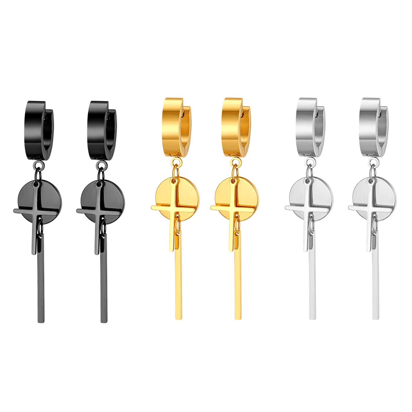 JewelryWe Small Hoop Dangling Ear Studs Hip Hop Punk Style Circle Cross Dangle Drop Stainless Steel Stud Earrings,3Pairs