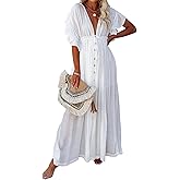 Summer Dresses for Women 2024 Casual Maxi Flowy Beach Cover Up Dress V Neck Button Drawstring Short Sleeve Dress