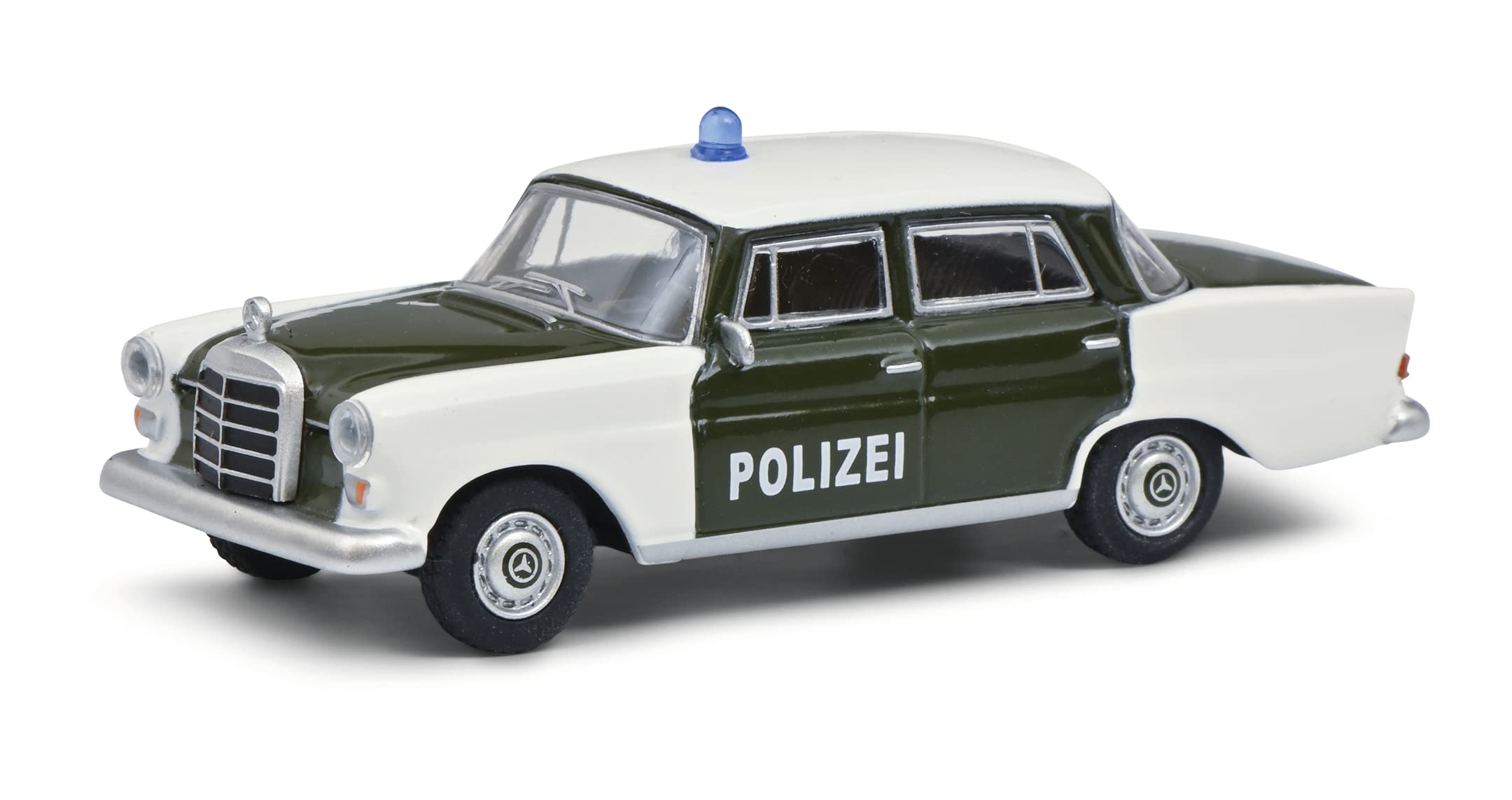 Schuco Mercedes Benz 200 Police Tail Fin (W110) Model Car 1:64 Scale Dark Green/White