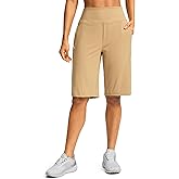SANTINY Womens 12" Bermuda Shorts Knee Length with Pockets High Waisted Stretchy Summer Walking Modest Long Shorts for Women (Khaki_L)