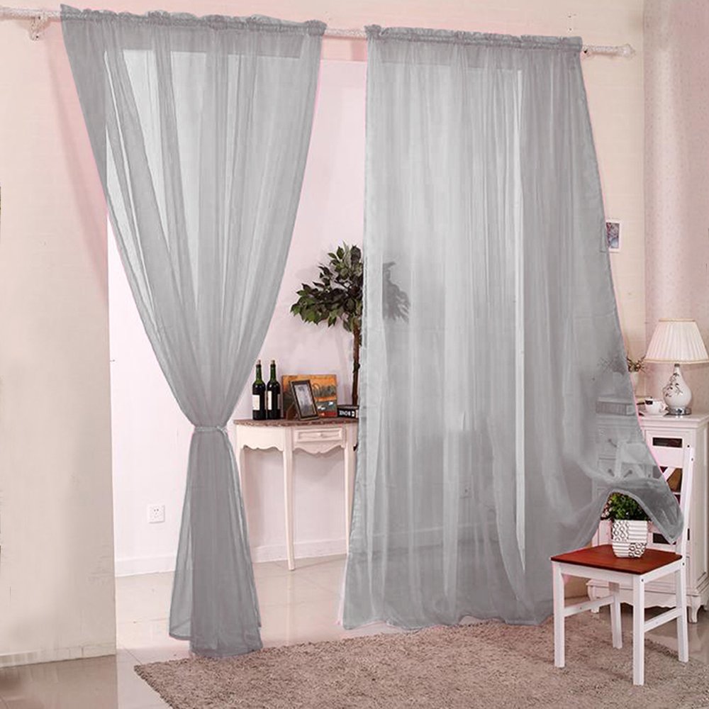2pcs Sheer Voile Window Curtain Rod Pocket Panels Grey 55 * 90inch for Living Room Dining Room