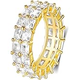 MDFUN 18K Yellow Gold Plated Engagement Promise Wedding Ring Baguette Ring Eternity Band for Women, 2 Rows Emerald Cut Cubic Zirconia Rings Size 5-10