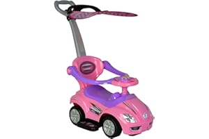 ChromeWheels Push Cars for Toddlers, 3 in 1 Ride on Push Car with Removable Canopy, Ride on Toys Mega Car w/Handle & Horn & Music, Pink