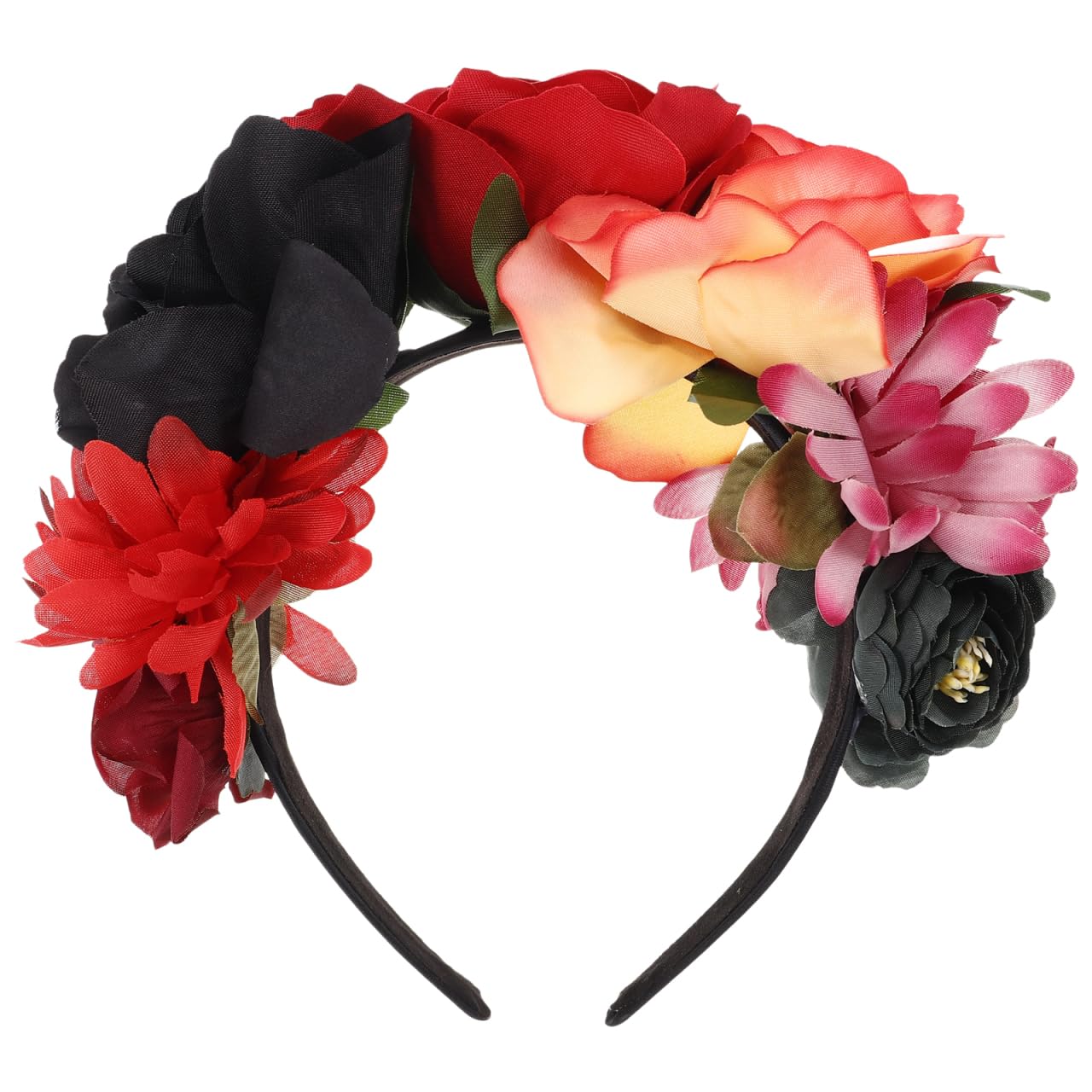 minkissy Mexican Headband Day of The Headband Blak Floral Halloween Party Costume Headpiece Cosplay Accessories for Women Girls (Red Black)