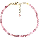 CRYSTALINES Natural Pink Tourmaline Gemstone Beads Bracelet, High Grade Stones, Handmade Jewelry, Healing Crystals, 14K Gold Plated, Adjustable Chain, Birthday Gift for Women, 8inch
