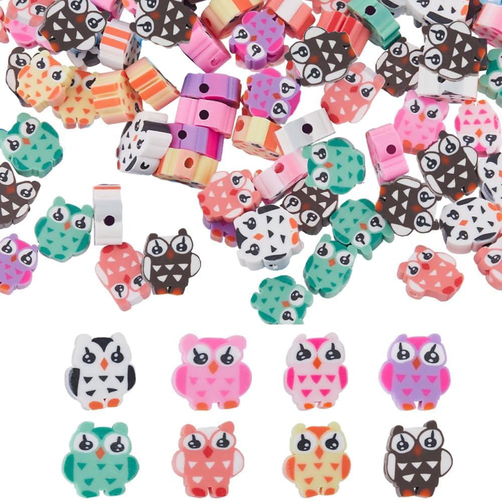 SUNNYCLUE 1 Box 200Pcs 8 Colors Owl Bead Polymer Clay Beads Bulk Soft Colorful Cartoon Animals Owls Shaped Spacer Charm Beads for Jewellery Making Bracelet Necklace Hair Clip DIY Crafts Accessories