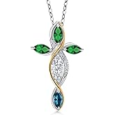 Cross Necklace For Women In 925 Silver and 10K Yellow Gold with Moissanite and Nano Emerald and London Blue Topaz | 1.30 Cttw | Jesus Christian Religious Crucifix | Marquise 8X4MM | 18 Inch Chain
