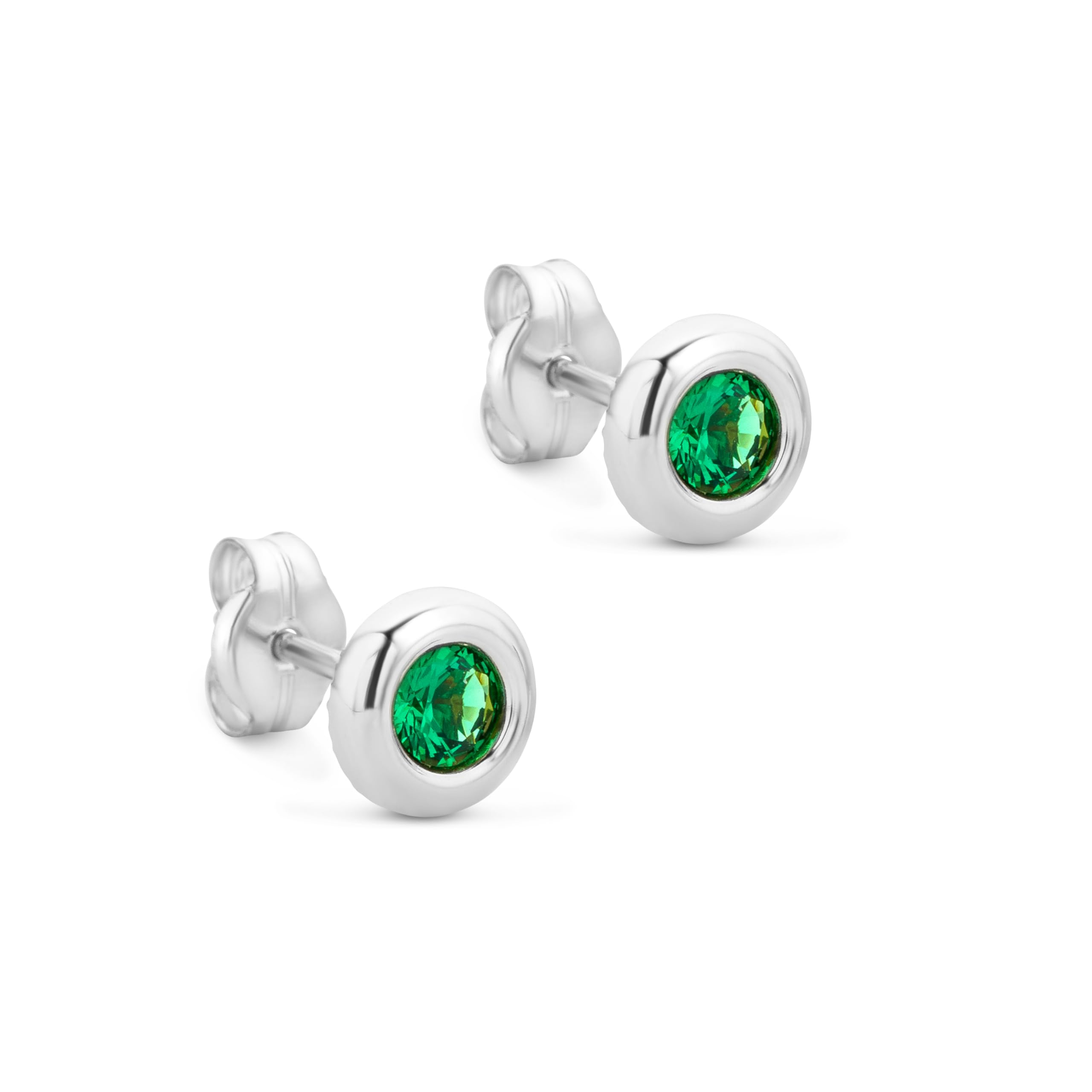 Orovi Round White Gold Earrings for Women with Emeralds in 9 Carat Gold, Hypoallergenic Earrings - Handmade studs with jewellery box