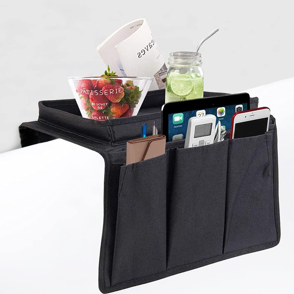 Cysocool Sofa Candy Organizer with Tray Armrest Cup Holder Couch Armchair TV Remote Caddy Storage Bag for Phone Tablet Book Magazines DVD Eyeglasses Drinker Snacks Pouch Pocket, Black