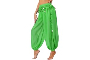 YOOJOO Women's Belly Dance Costume Coin Lantern Pants Side Split Sequin Shiny Harem Pants Arabic Halloween Trousers