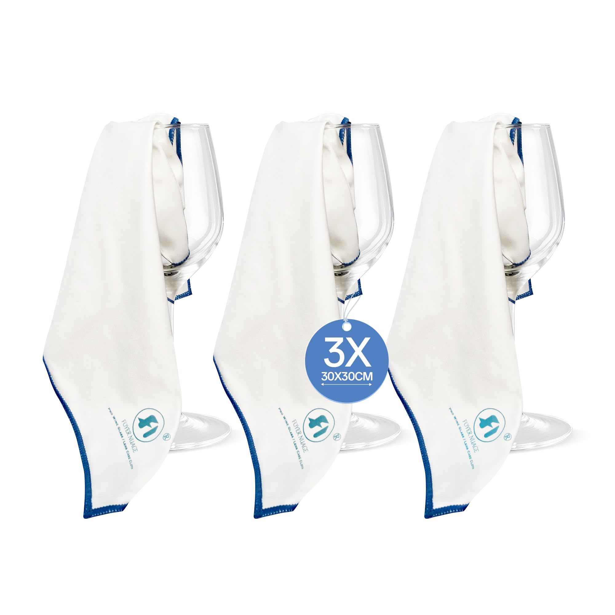 Foyer Nuage Microfibre Cleaning Cloths, 30 X 30cm Lint Free Glass Polishing Cloths for Glasses, Glassware, Stemware, Lens (White, 30 x 30 cm 3pcs)