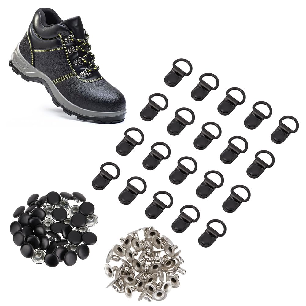 PH PandaHall 40 Sets Boot Lace Hooks Shoes Eyelets Hook Black Metal Shoelace Buckle Loop D-ring with Rivets Shoes Lace Buckle for Climbing Hiking Shoes Leather Boots Repair Accessories