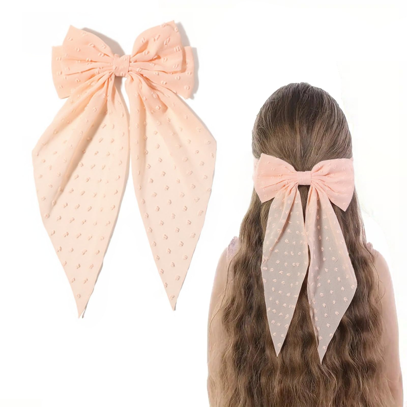 Ling & Bai 8 Inches Large Hair Bow Clip Big Long Tulle Layered Bows Barrettes Hair Accessories for Women Girls Teens (Pink)