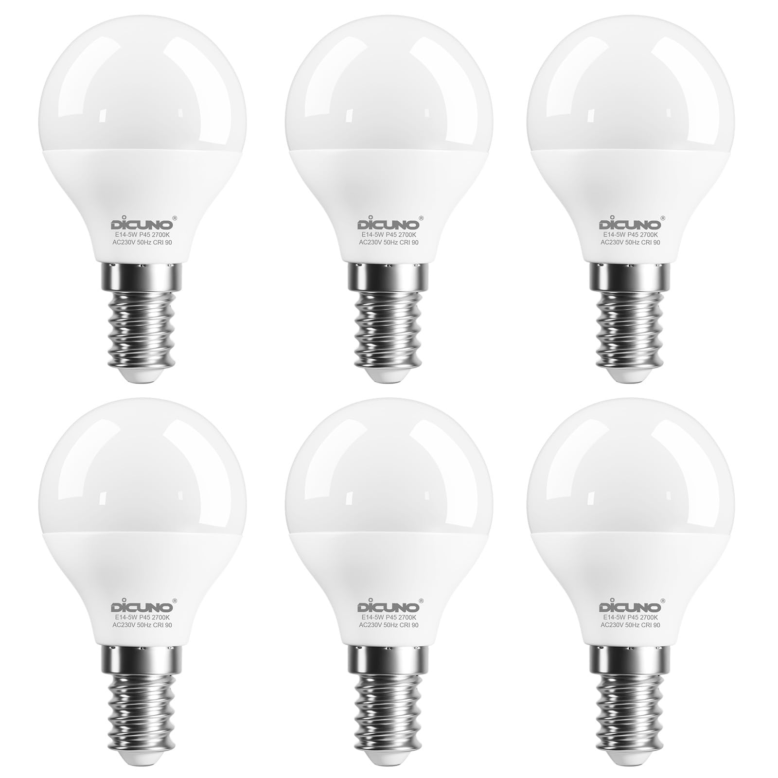 DiCUNO E14 5W Small Screw Bulbs, 550LM, 50W Halogen Equivalent SES P45 Bulb, Warm White 2700K, E14 Golf Ball Lamps for Home, CRI90, Non-dimmable, 6Pcs