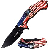 MTech USA MT-A1025A Spring Assist Folding Knife, Black Straight Edge Blade, American Flag Handle, 4.75-Inch Closed