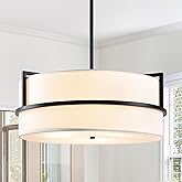 Resacho 16'' Black Drum Chandelier, 3-Light Modern Chandelier with White Fabric Shade, Adjustable Height Pendant Lighting, Ce