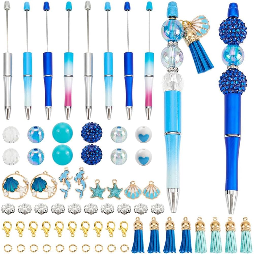 SUNNYCLUE DIY 8 Sets Beadable Pen Bulk Ocean Theme Beaded Pens Summer Hawaii Sea Animal Charm Tassel Charms Starfish Mermaid Shell Beadable for Craft Teachers Students Nurses Gifts Office School