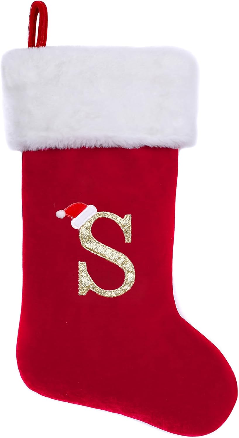 Stockings & Holders - CHOTONIC 20 Inches Red Velvet with White Super Soft Plush Cuff Monogram Initial Christmas Stockings Embroidered with Gold Letter Stockings Xmas Tree Decorating Supplies Festival Creative Decorative