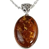 HolidayGiftShops Amber Jewelry for Women - Sterling Silver Baltic Honey Oval Amber Pendant Necklace Lois, Includes 18 Inches 925 Sterling Silver Chain, Made in Poland