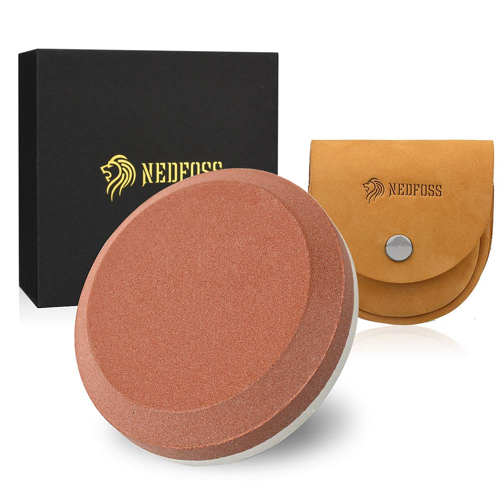 NedFoss Axe Sharpener Tool with Leather Sheath, Sharpening Puck Whetstone Axe & Tools Sharpening Stone, Double Grain Multi-Function Sharpener (