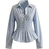 Floerns Women's Striped Button Down Blouse Shirred Long Sleeve Lapel Collar Dressy Shirts