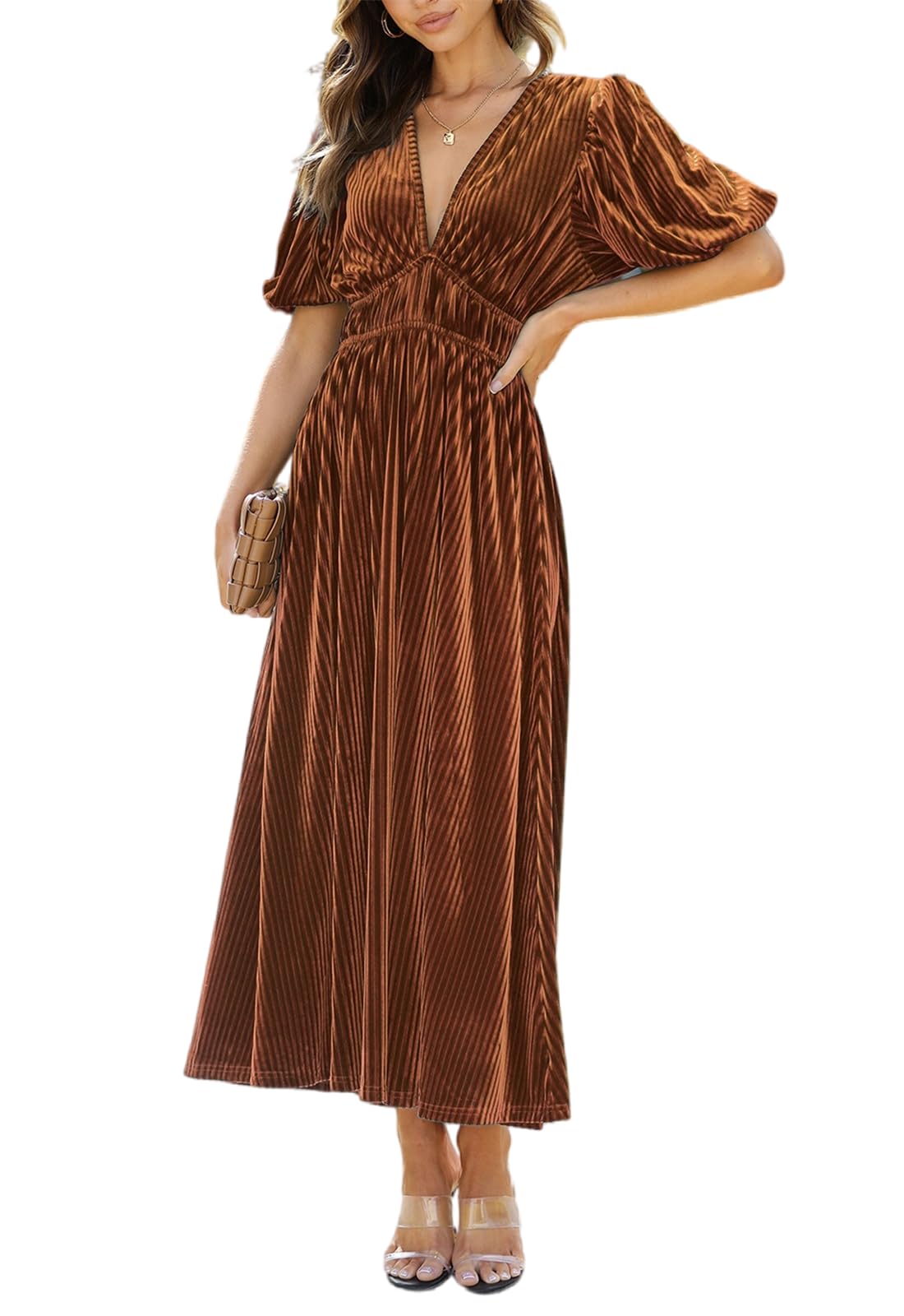 Photo 1 of Maxigerui Women's Velvet Maxi Dress Formal Dresses for Wedding Guest Dress Caramel XXL
