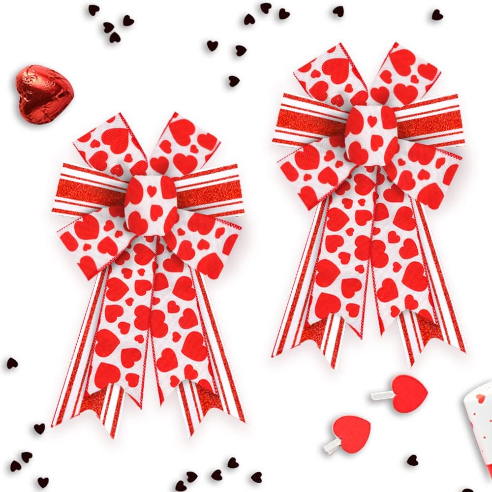 Bows & Ribbons - 2pcs Valentine's Day Wreath Bows Valentines Bows Red Love Hearts Strips Burlap Bows for Wreaths, Valentines Day Ribbon Bows Tree Topper Bows for Home Indoor Outdoor Decoration Wreath Ornament Supplies