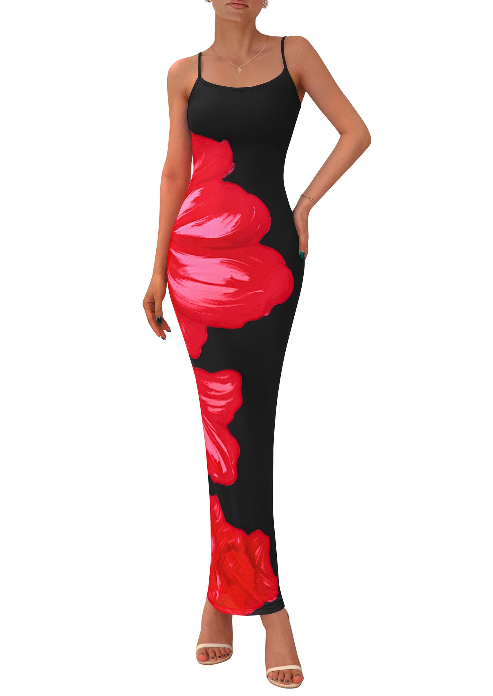 PRETTYGARDEN Womens Summer Floral Maxi Dress 2026 Sexy Spaghetti Strap Long Bodycon Mesh Party Beach Vacation Dresses(Black Pink Flower,Large) Image