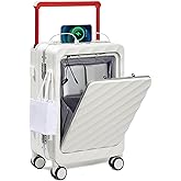 Somago Carry On Luggage Wide Handle 20 Inch Suitcase with Front Compartment Aluminum Framed PC Hardside 22x14x9 No Zipper Business Baggage with Spinner Wheels USB Charging Port TSA Lock (White)
