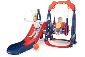 NYEEKOY 4 in 1 Slide Climber Swing Set, Freestanding Toddler Slide Climber Playset with Basketball Hoop, Toddler Playground Indoor Outdoor, Easy Setup (Red)