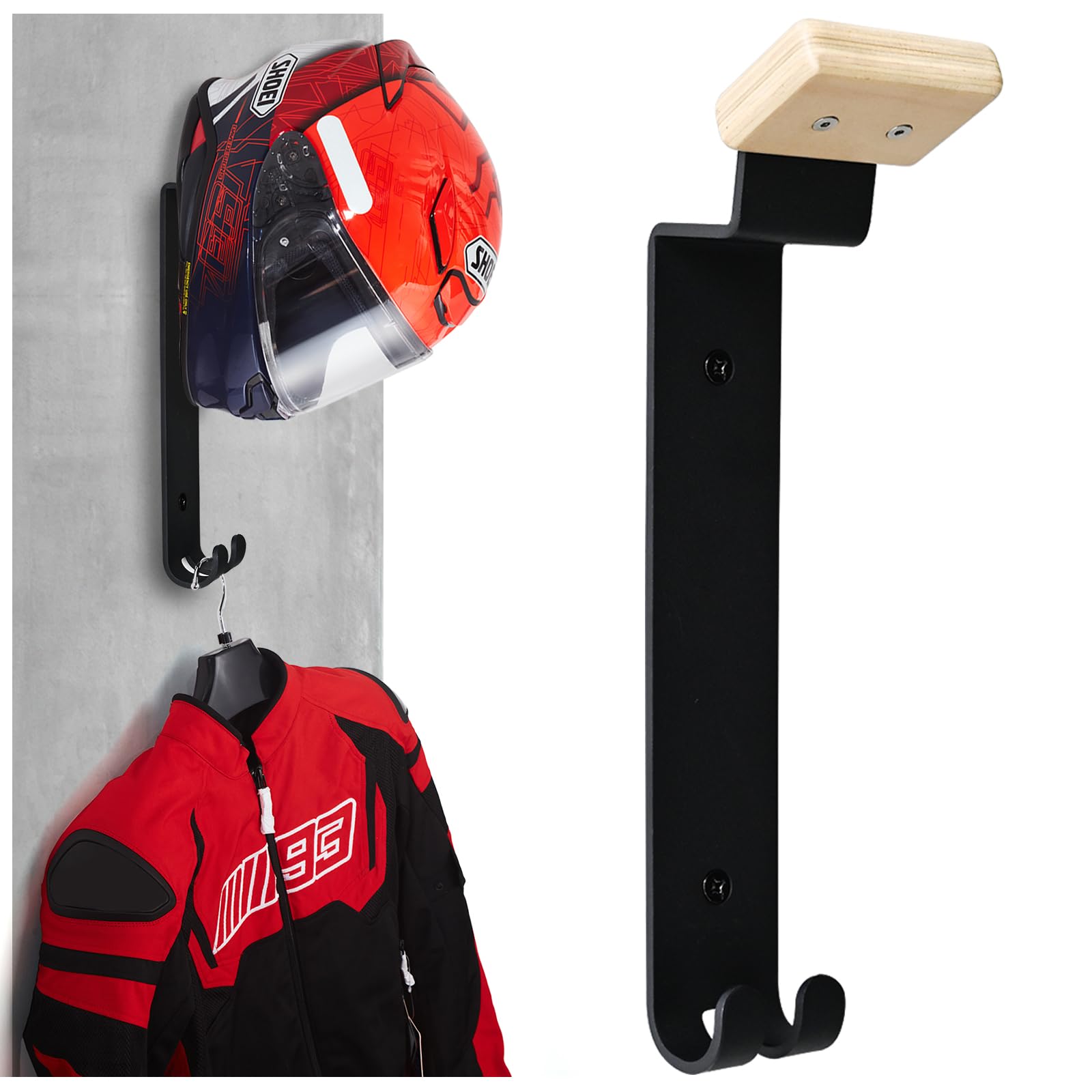 Jinfrey Heavy Duty Motorcycle Helmet Rack - Wall Mount Holder with 2 Hooks for Cycling, Baseball, Rugby Helmets
