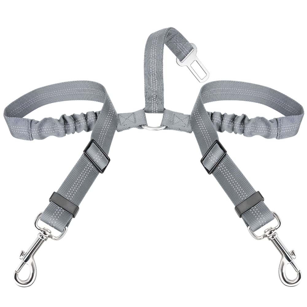 Lukovee Dog Car Seat Belts for Cars, Adjustable Dual Pet Dog Coupler, 2 in 1 Durable Strong Reflective Car Travel Seatbelt