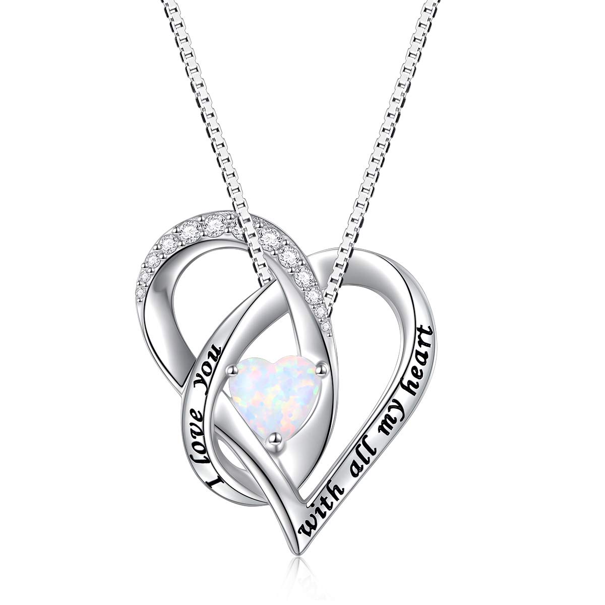 Flyow Created Opal Heart Necklace For Family 925 Sterling Silver Women Pendant Engraved I love you with all my heart Birthday Gifts for Lovers Mother Daughter — image 1