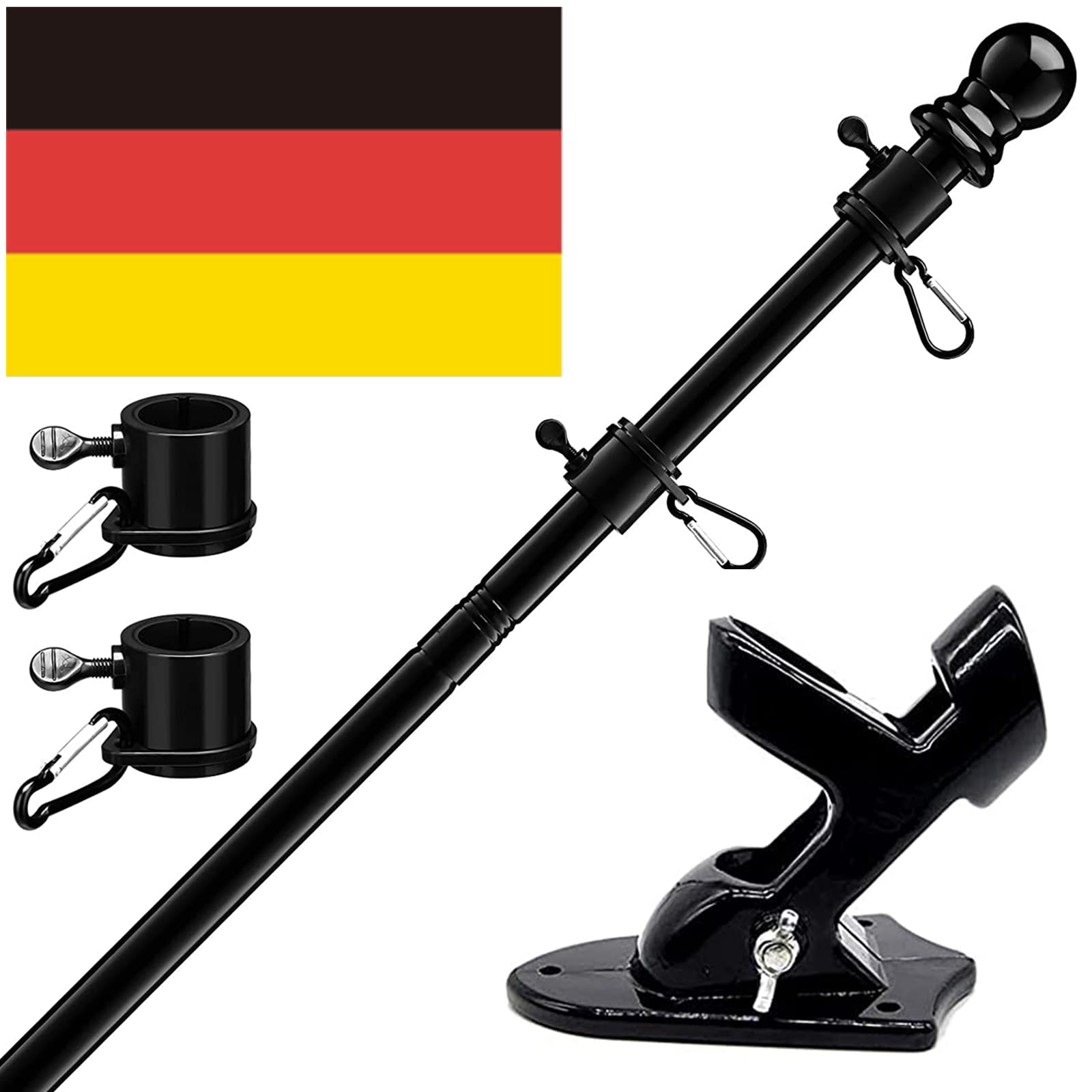 HORSE SECRET 150cm Black Aluminium Flag Pole Kit with Wall Mounted Stainless Steel Flag Pole with Rotating Rings/Includes German Flag