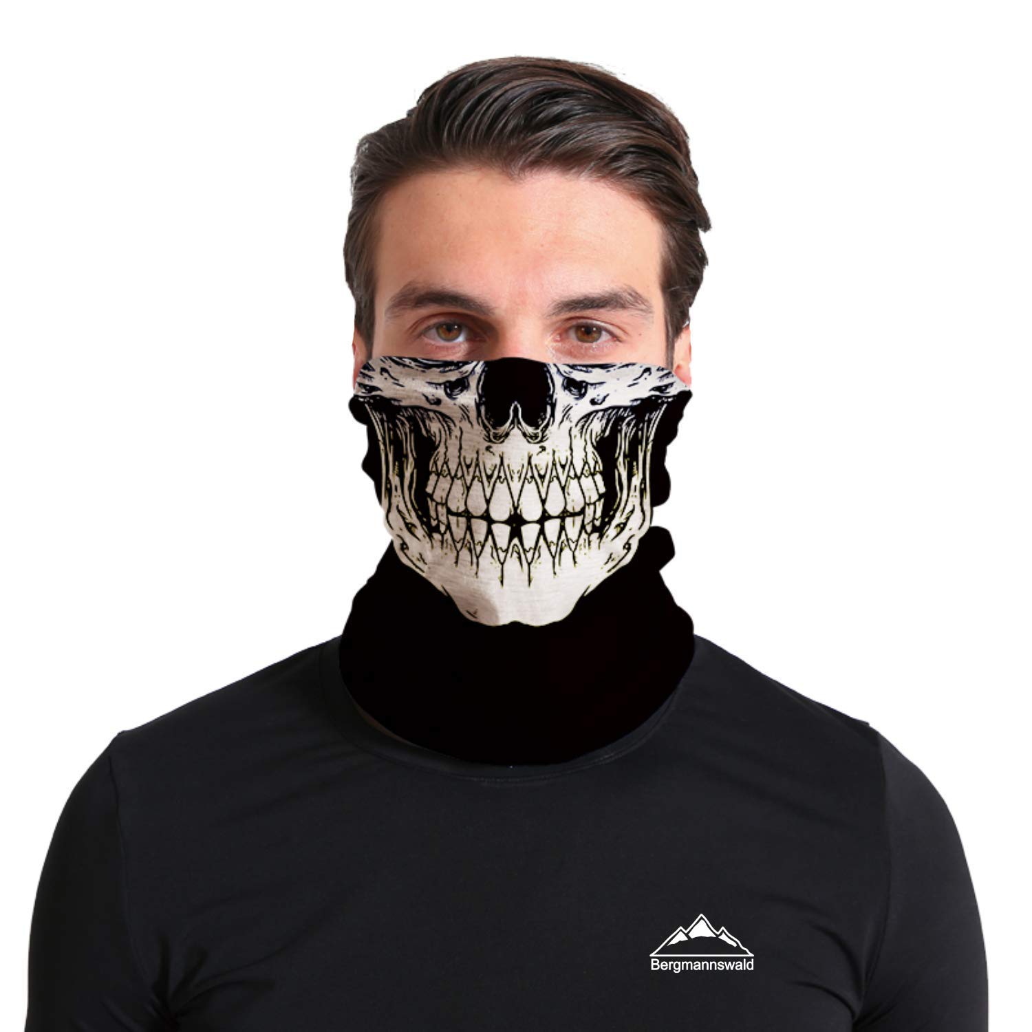 Bergmannswald® umgenähtes Multifunktionstuch - atmungsaktiv und flexibel - Ideal zum Sport, Reisen oder Motorradfahren (Totenkopf, 1er Pack)