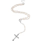 Sacina Light Pink Rosary Bead Cross Necklace, Gothic Necklace, Goth Jewelry, Christmas Jewelry Gift for Women